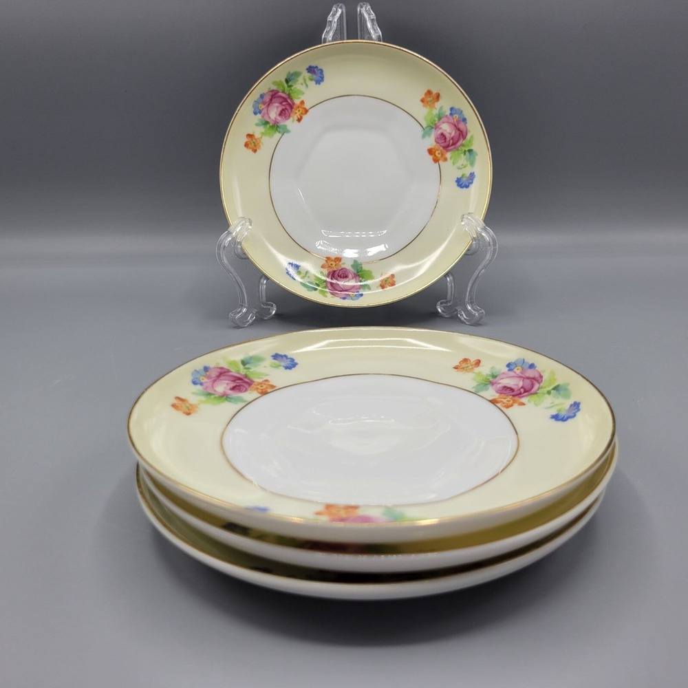 Vtg TK Thuny Czechoslovakia Lexington Floral 4 Snack Plates Gold Trim 5.75"
